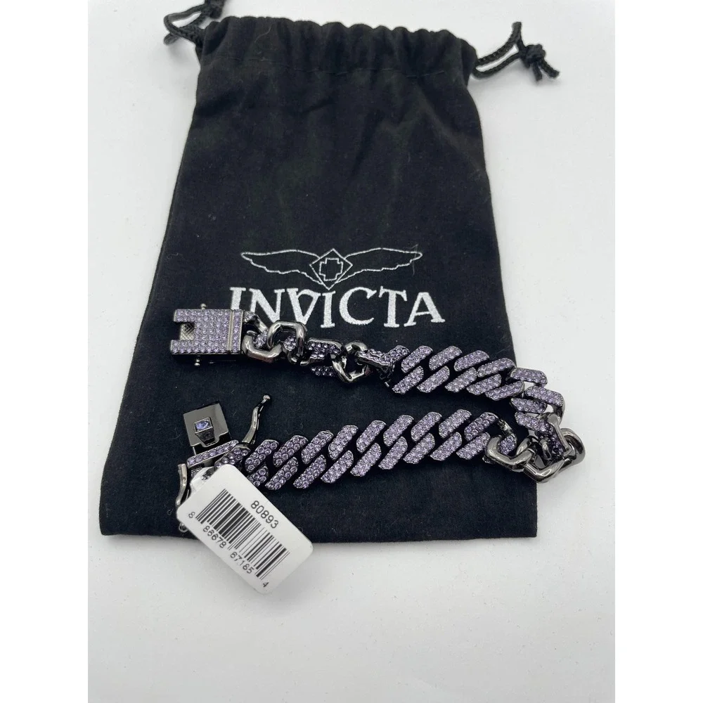 Invicta Elements 80893 Gunmetal Purple Crystal Iced Out Cuban Link Bracelet NWT
